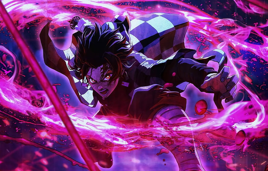 Tanjiro Kamado unleashing Hinokami Kagura with intense pink flames in dynamic anime action scene HD wallpaper