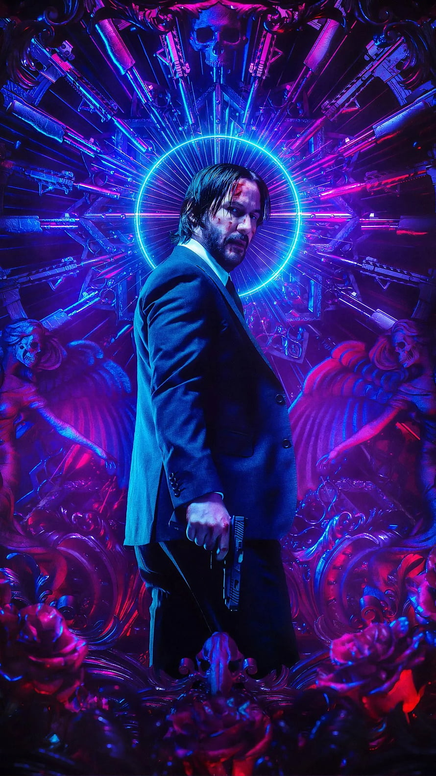 John Wick Neon Assassin Portrait With Guns And Skulls Background HD phone wallpaper