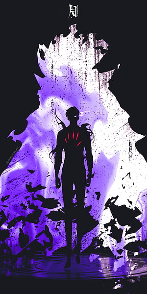 Silhouette of a character with glowing red chest markings standing before a massive purple energy aura HD phone wallpaper