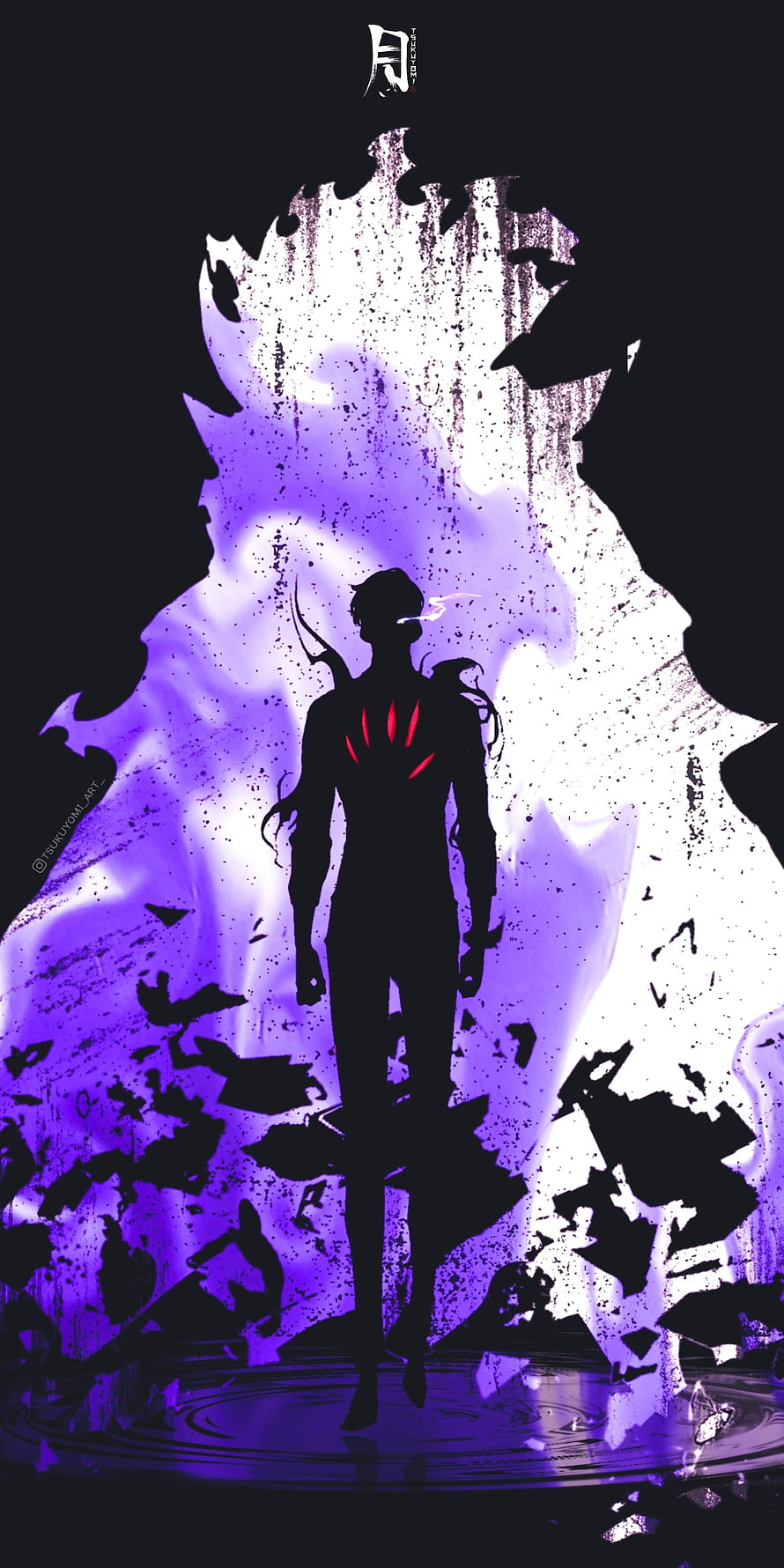 Silhouette of a character with glowing red chest markings standing before a massive purple energy aura HD phone wallpaper