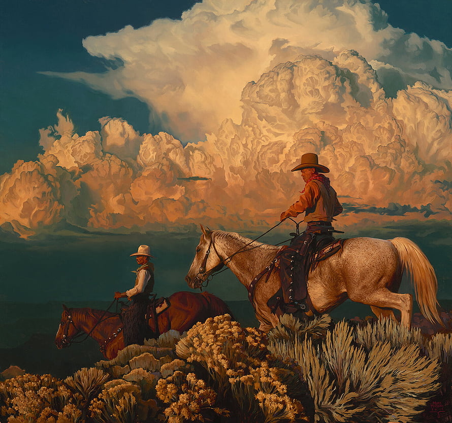 Two cowboys on horseback riding through sagebrush under a dramatic golden sunset sky with massive cumulus clouds HD wallpaper