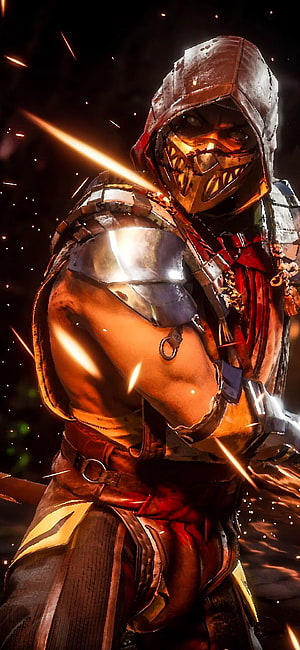 Scorpion from Mortal Kombat 11 in a dramatic pose with glowing embers and metallic armor HD phone wallpaper