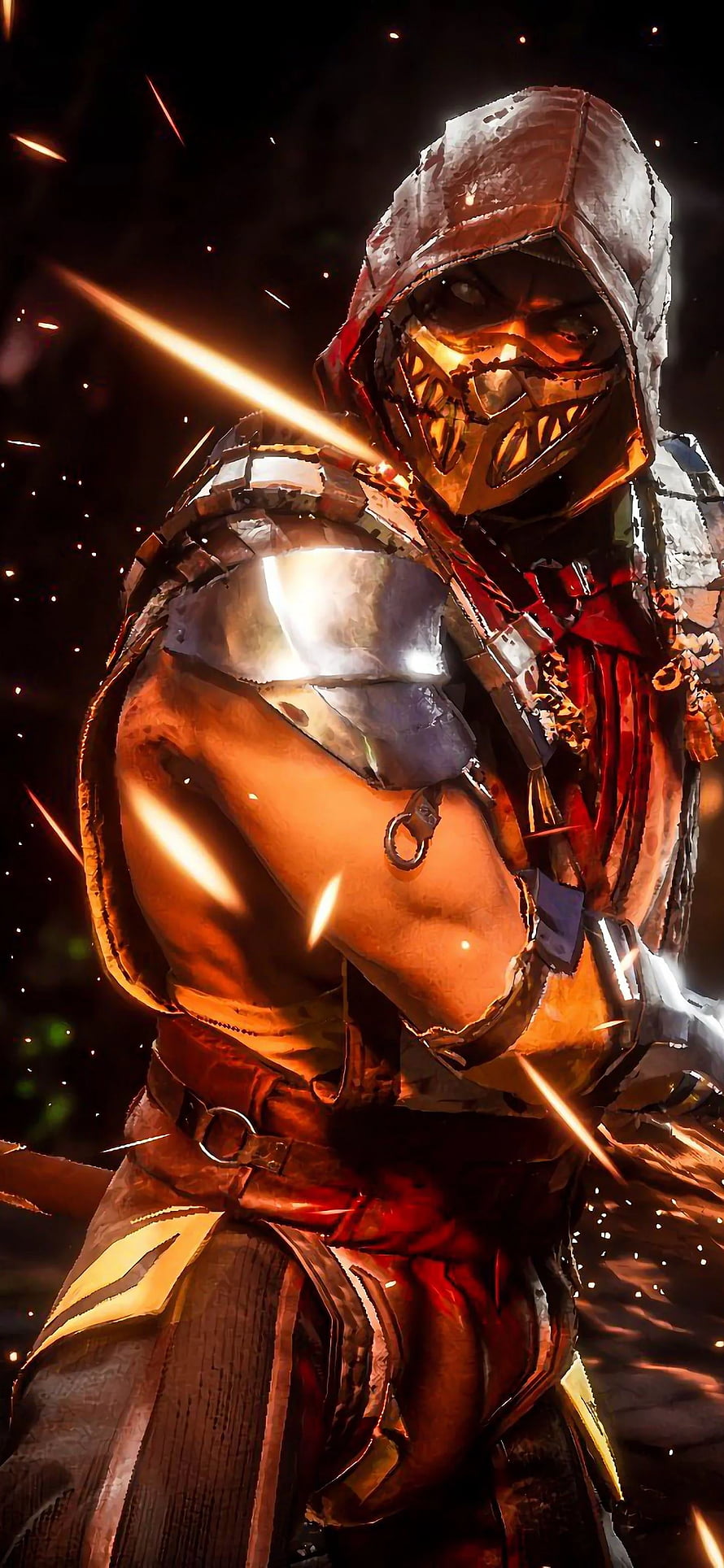Scorpion from Mortal Kombat 11 in a dramatic pose with glowing embers and metallic armor HD phone wallpaper