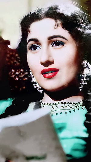 Madhubala Classic Bollywood Portrait with Traditional Jewelry and Red Lipstick HD phone wallpaper