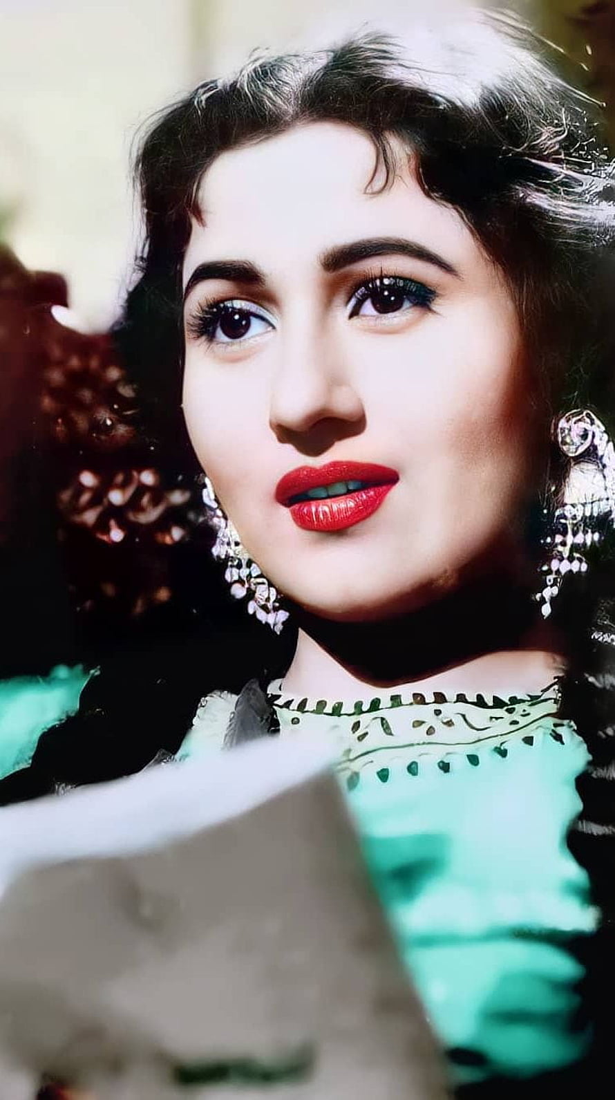 Madhubala Classic Bollywood Portrait with Traditional Jewelry and Red Lipstick HD phone wallpaper