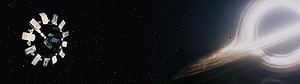 Interstellar Space Station Orbiting a Supermassive Black Hole with Accretion Disk HD wallpaper