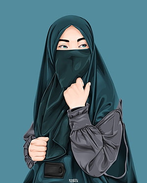 Digital Art Portrait of a Woman in a Dark Teal Niqab and Grey Abaya, Hijab Niqab vector portrait in 2021. Vector portrait, Girls cartoon art, Hijab cartoon, Cadar HD phone wallpaper