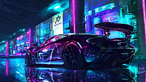Cyberpunk McLaren Supercar in Neon-Lit Rainy Street with Japanese Signage HD wallpaper