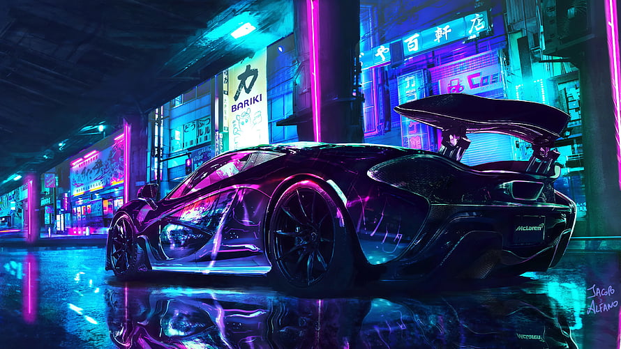 Cyberpunk McLaren Supercar in Neon-Lit Rainy Street with Japanese Signage HD wallpaper