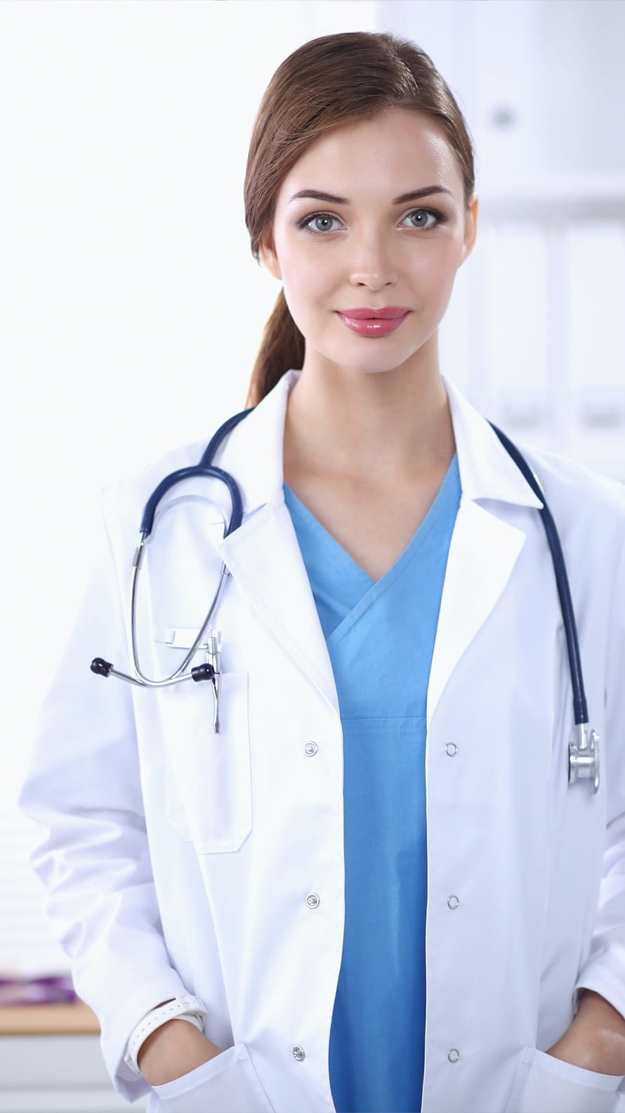 Portrait of a female doctor in a white coat and blue scrubs with a stethoscope HD phone wallpaper