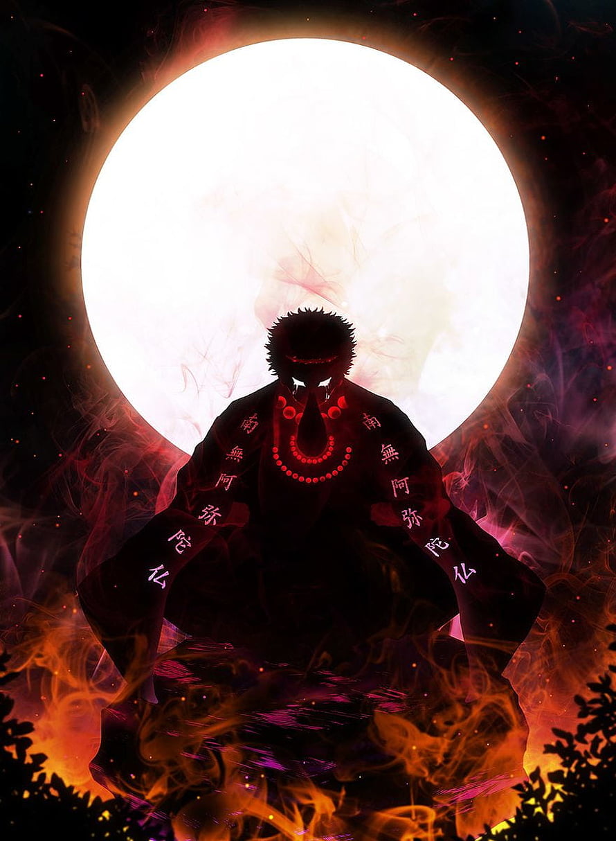 Gyomei Himejima Meditating in Prayer Beads Before a Luminous Moon HD phone wallpaper
