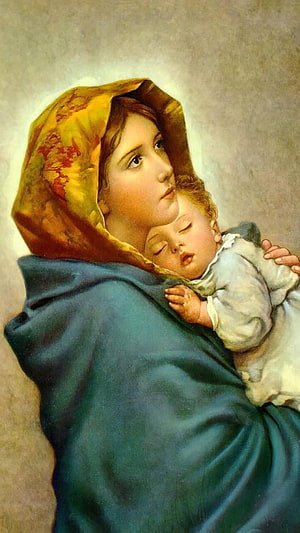 Vintage Religious Painting of Mary and Baby Jesus Sleeping in Blue Robes HD phone wallpaper