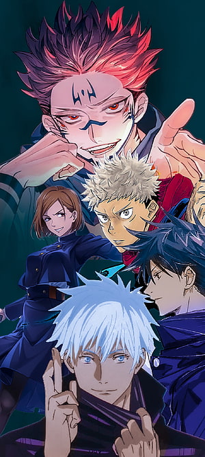 Jujutsu Kaisen Anime Group Portrait Featuring Gojo Satoru, Sukuna, Yuji Itadori, Megumi Fushiguro, and Nobara Kugisaki HD phone wallpaper