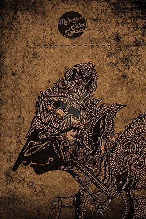 Intricate Wayang Golek Horse Silhouette with Traditional Batik Patterns on Textured Brown Background HD phone wallpaper