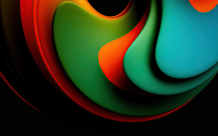 Vibrant Abstract Curvy Shapes with Layered Green Orange and Teal Forms on Black Background HD wallpaper