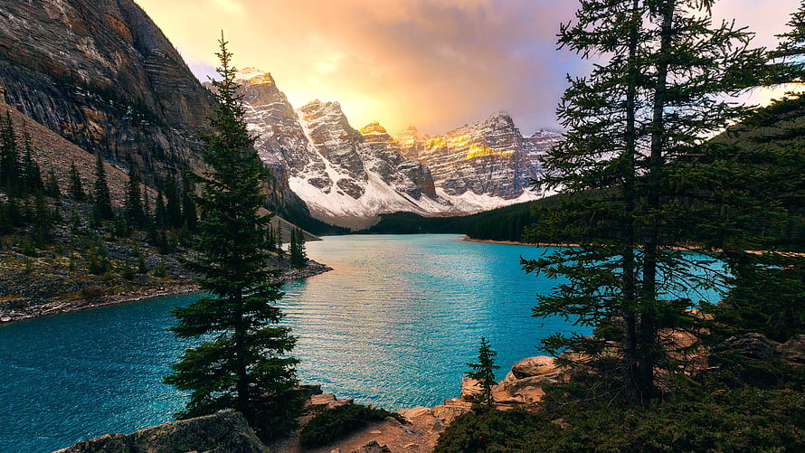 Moraine Lake at Golden Hour in Banff National Park with Turquoise Waters and Snowy Peaks HD wallpaper