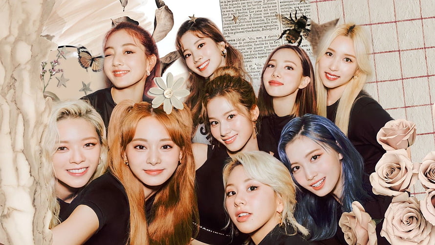 Twice Group Portrait in Black Outfits with Floral and Vintage Collage Background HD wallpaper