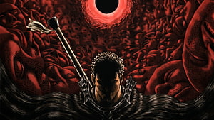 Guts from Berserk standing in a sea of faces with the Dragon Slayer sword under a red eclipse HD wallpaper