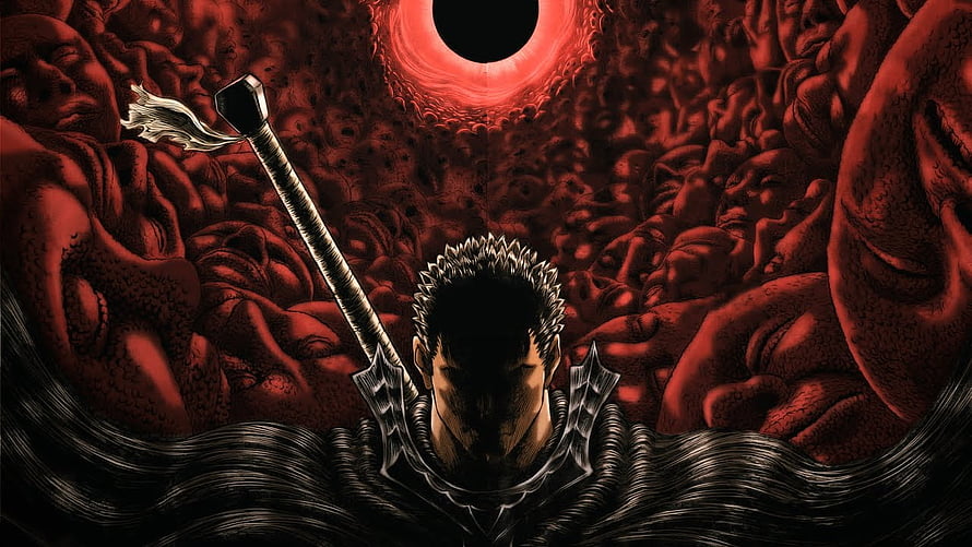 Guts from Berserk standing in a sea of faces with the Dragon Slayer sword under a red eclipse HD wallpaper