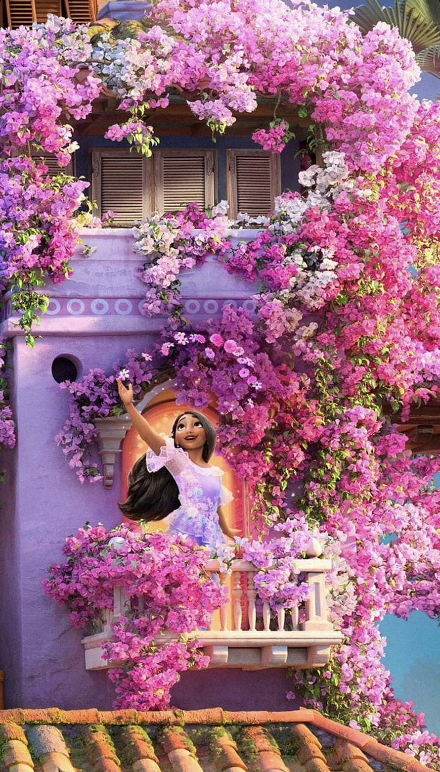 Mirabel Madrigal on a Balcony Surrounded by Pink Bougainvillea Flowers HD phone wallpaper