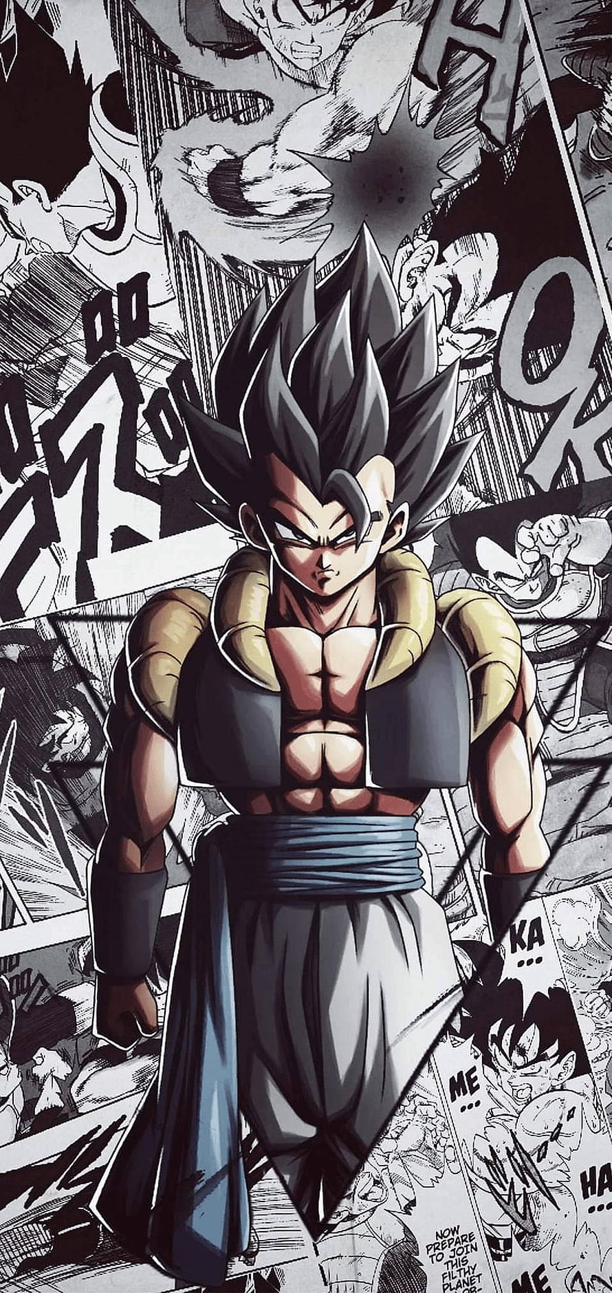Vegeta in Super Saiyan Blue Form Standing Over Black and White Dragon Ball Manga Panels HD phone wallpaper