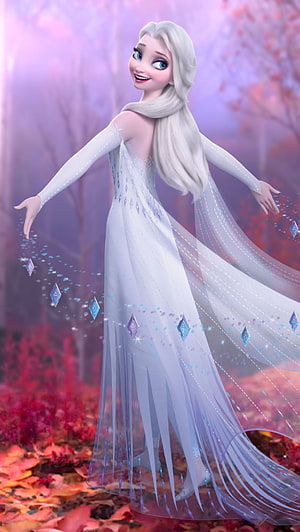 Queen Elsa in a Flowing White Gown with Ice Magic in an Autumn Forest HD phone wallpaper
