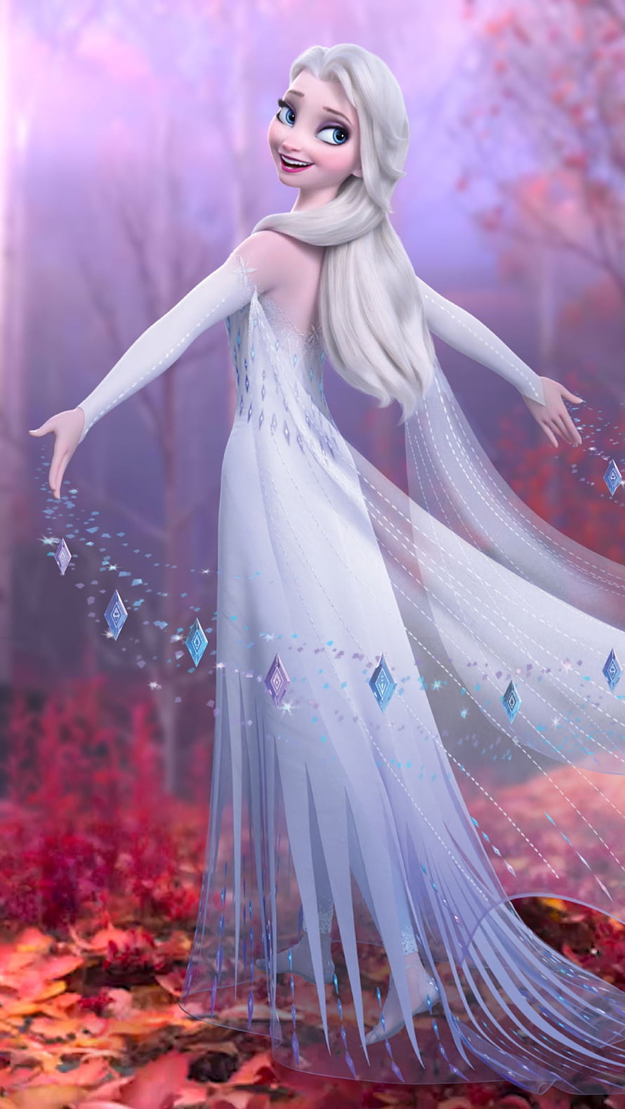 Queen Elsa in a Flowing White Gown with Ice Magic in an Autumn Forest HD phone wallpaper
