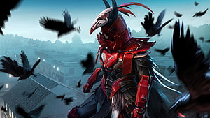 Red armored warrior with bird helmet and crows in urban setting HD wallpaper