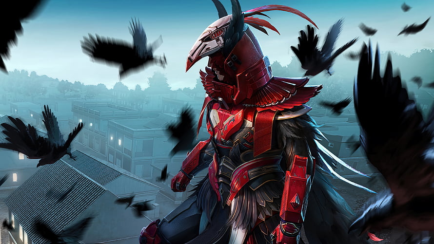 Red armored warrior with bird helmet and crows in urban setting HD wallpaper