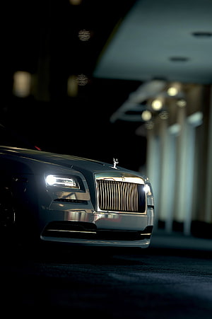 Silver Rolls-Royce Ghost Front View at Night with Illuminated Headlights and Spirit of Ecstasy HD phone wallpaper
