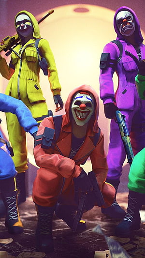 Squid Game Characters in Colorful Hoodies with Clown Masks and Firearms HD phone wallpaper