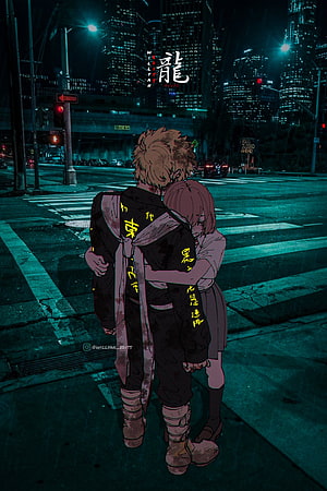 Takemichi and Hinata Embrace in Neon-Lit Tokyo Street at Night HD phone wallpaper