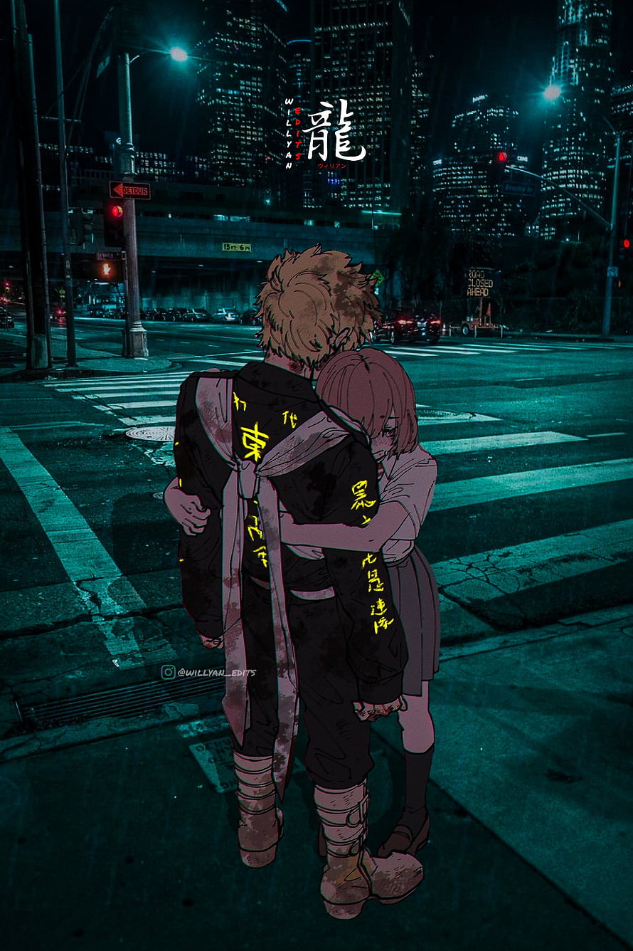 Takemichi and Hinata Embrace in Neon-Lit Tokyo Street at Night HD phone wallpaper