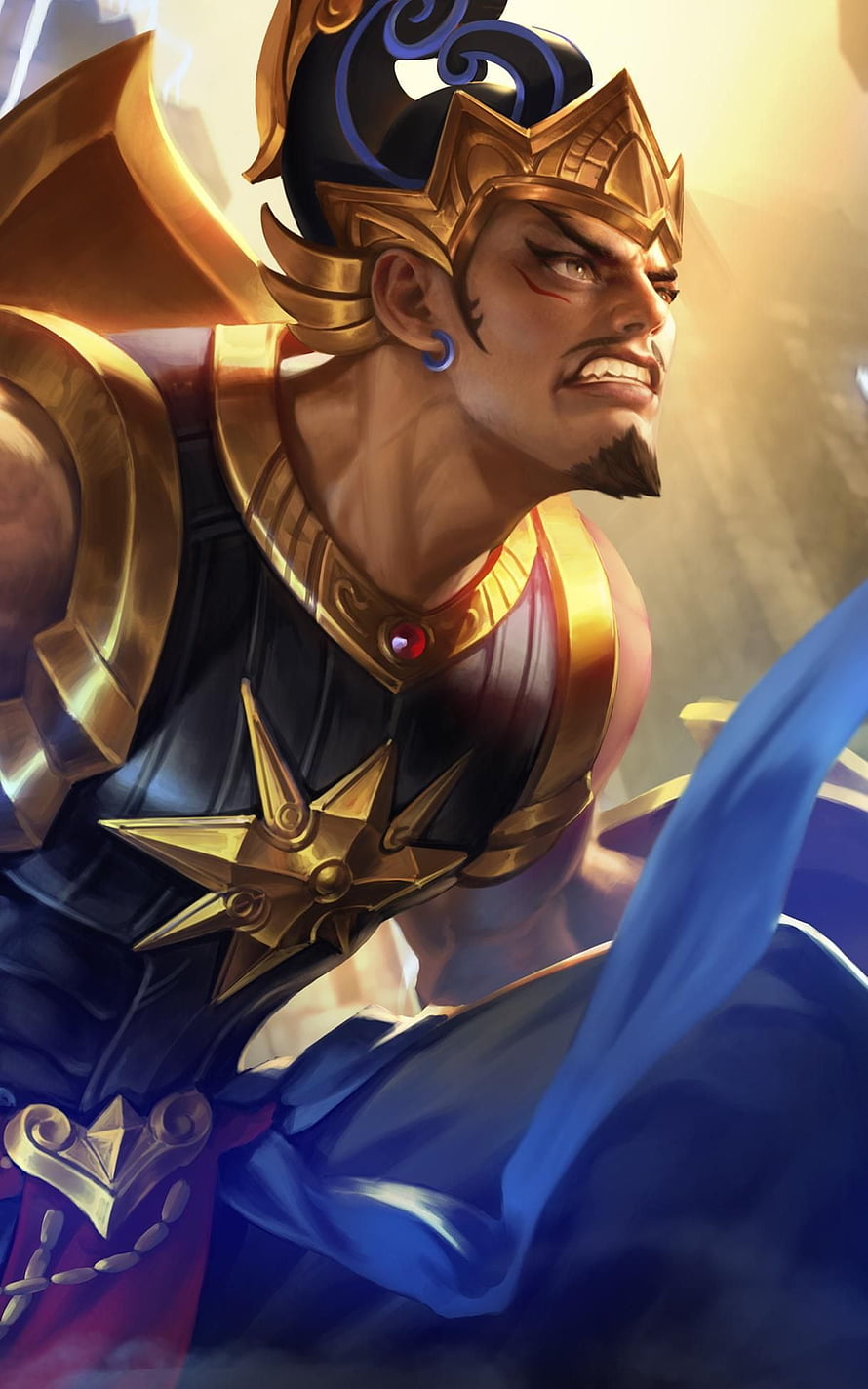 Gatotkaca from Mobile Legends in ornate golden armor with a fierce battle expression and flowing blue cape HD phone wallpaper