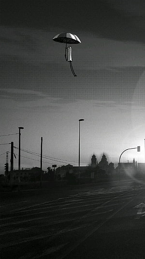 Goodnight Punpun Black and White Urban Street Scene with Floating Umbrella HD phone wallpaper