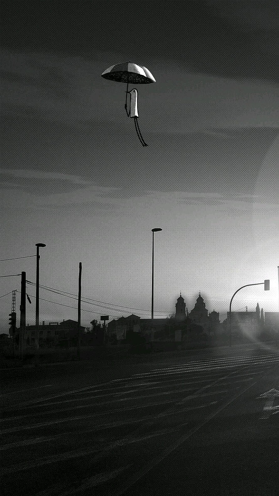 Goodnight Punpun Black and White Urban Street Scene with Floating Umbrella HD phone wallpaper