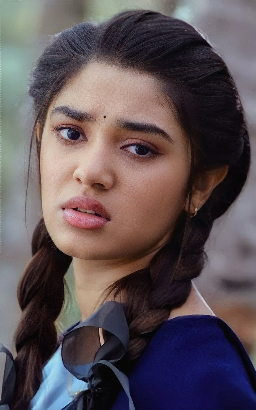 Portrait of a young woman with braided hair and a blue outfit, Krithi shetty, eye, nose HD phone wallpaper