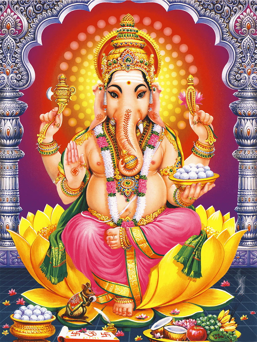 Lord Ganesha Sitting on Lotus with Modak and Mouse HD phone wallpaper