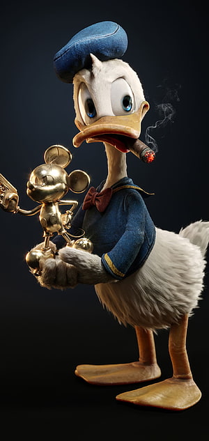 Donald Duck 3D Render Holding Golden Mickey Mouse Figurine with Cigar HD phone wallpaper