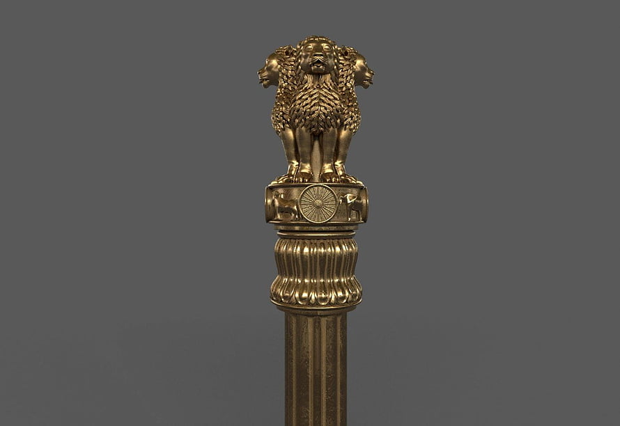 Golden Ashoka Pillar Lion Capital 3D Render on Dark Background HD wallpaper