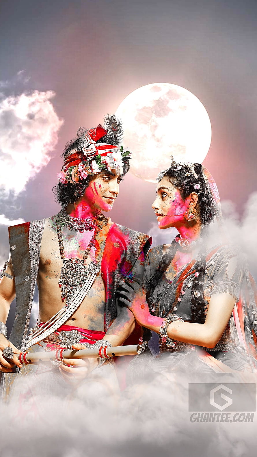 Romantic Krishna and Radha Wallpaper with Full Moon and Holi Colors, Radha Krishna Serial , White Background HD phone wallpaper