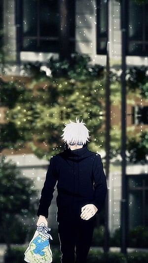 Gojo Satoru Walking With Grocery Bag In Black Hoodie Anime Wallpaper HD phone wallpaper