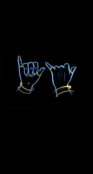 Neon Blue and Yellow Rock On Hand Gestures on Black Background HD phone wallpaper