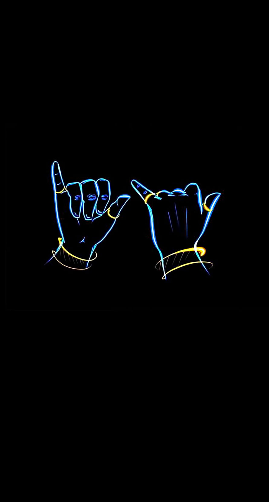 Neon Blue and Yellow Rock On Hand Gestures on Black Background HD phone wallpaper