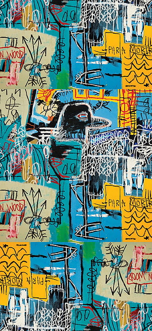 Abstract Expressionist Artwork with Chaotic Lines, Scribbles, and Text Elements in Blue, Yellow, and Red HD phone wallpaper