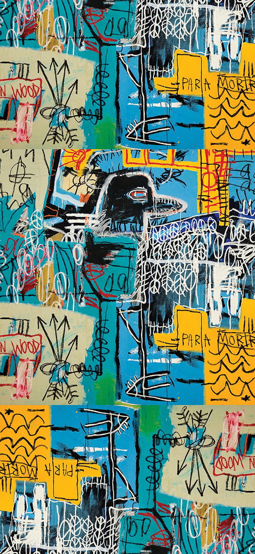 Abstract Expressionist Artwork with Chaotic Lines, Scribbles, and Text Elements in Blue, Yellow, and Red HD phone wallpaper