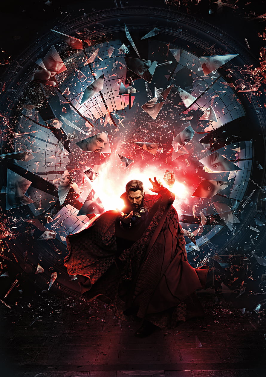 Doctor Strange casting a spell with the Eye of Agamotto amidst shattering mirror shards HD phone wallpaper