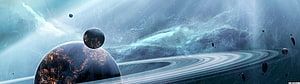 Cosmic Planet with Rings and Moats in a Nebula Space Scene HD wallpaper