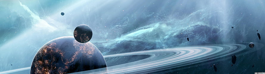 Cosmic Planet with Rings and Moats in a Nebula Space Scene HD wallpaper
