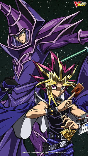 Yugi Muto and Dark Magician anime illustration from Yu-Gi-Oh! Duel Monsters HD phone wallpaper